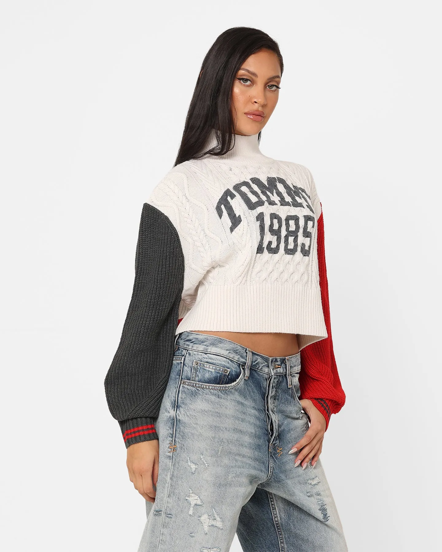 Tommy Jeans Women's Colour-Blocked Cropped Cable Sweater Ancient White/Multi