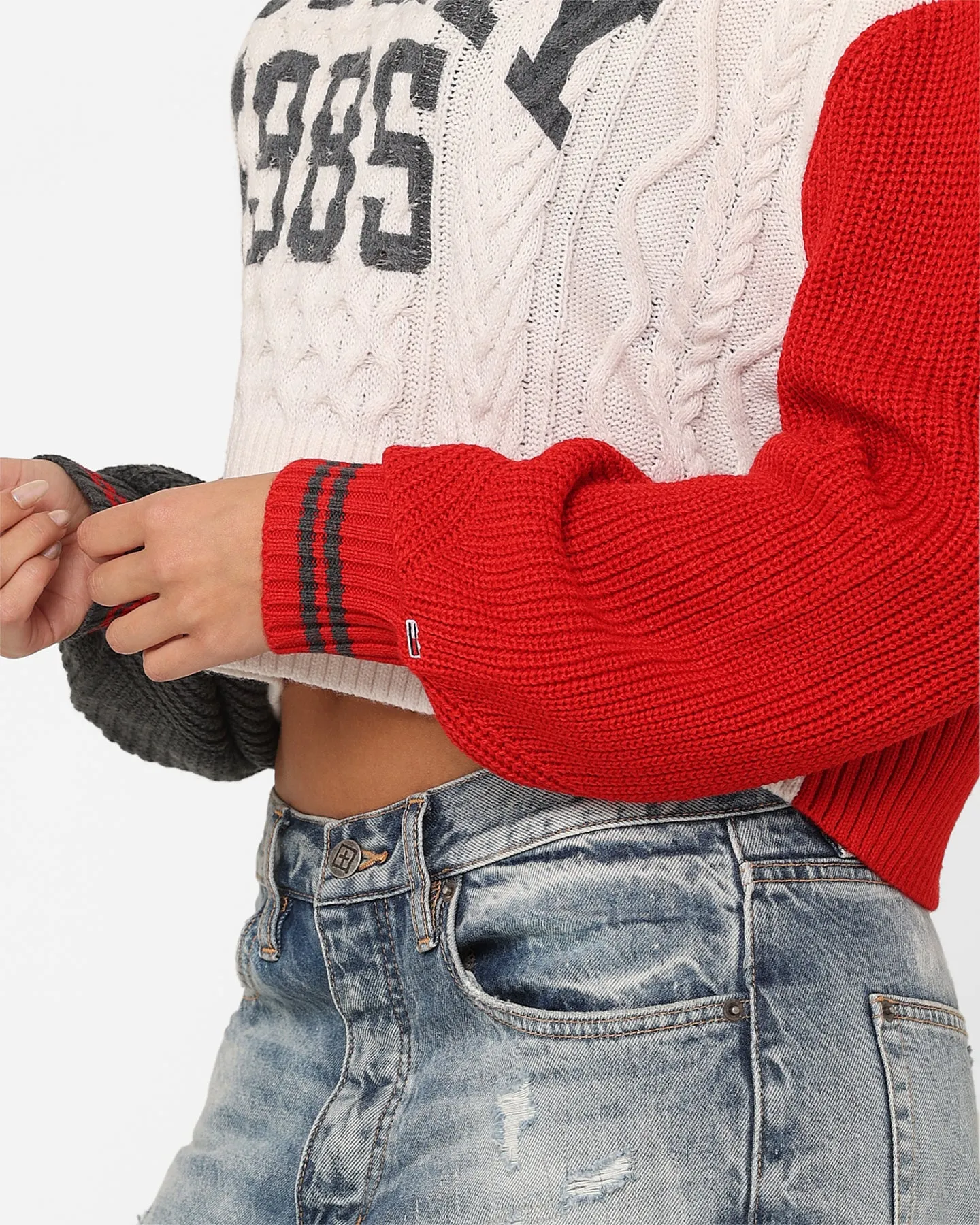 Tommy Jeans Women's Colour-Blocked Cropped Cable Sweater Ancient White/Multi