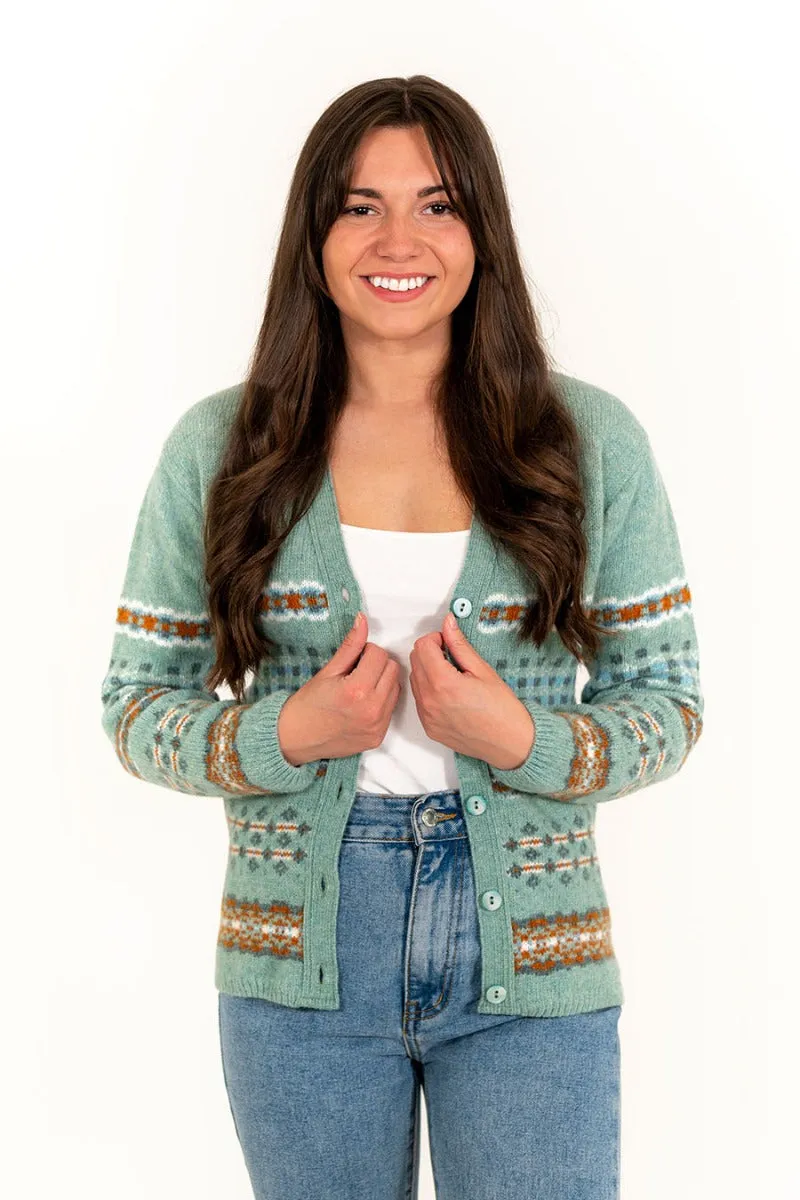 Womens Craigievar V-neck Fair isle Cardigan - Soft Green