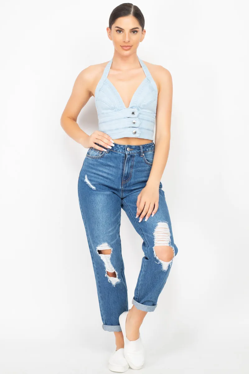 Women's Denim Halter Neck Seamed Crop Top