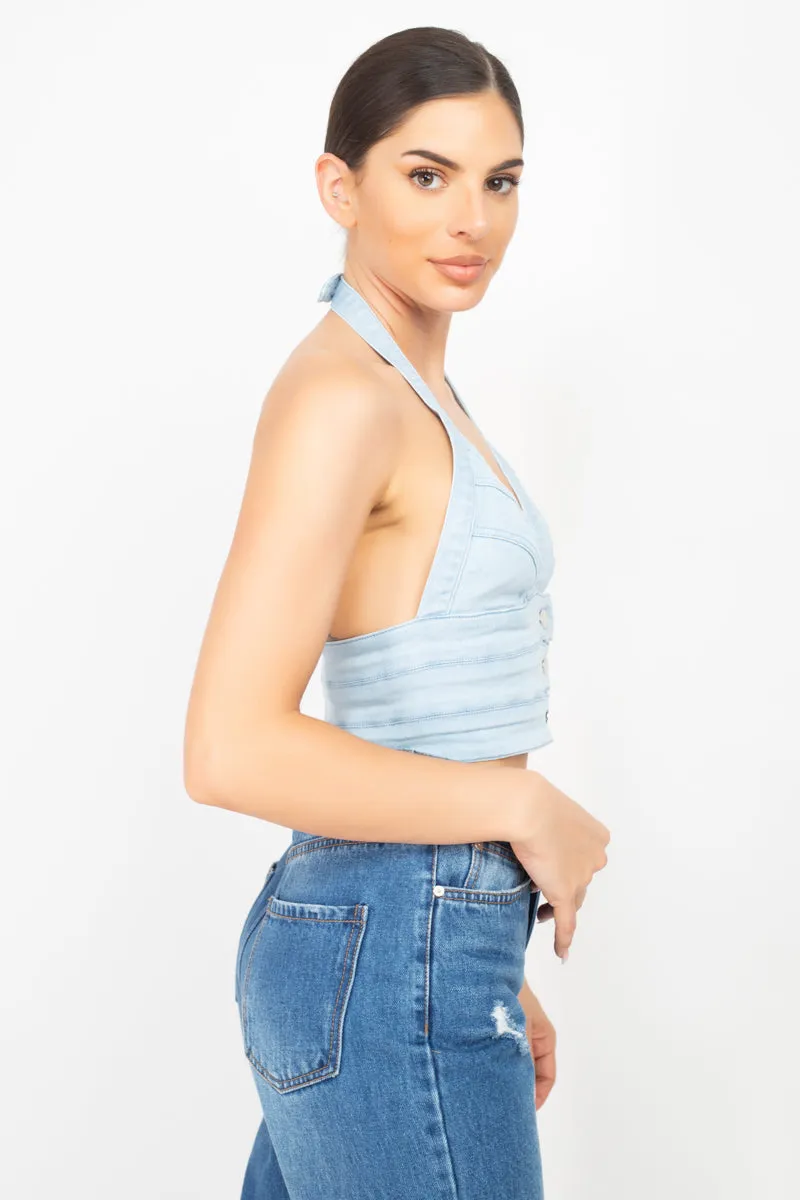 Women's Denim Halter Neck Seamed Crop Top