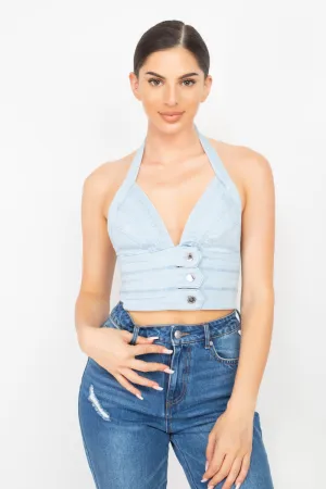 Women's Denim Halter Neck Seamed Crop Top