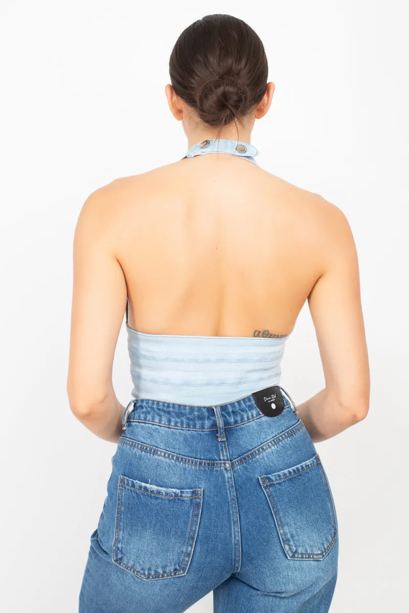 Women's Denim Halter Neck Seamed Crop Top